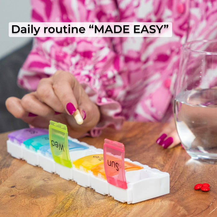 Large 7-Day Pill Case - Weekly Medicine Organizer with Spring Loaded Compartments - Easy open design for all levels of hand dexterity