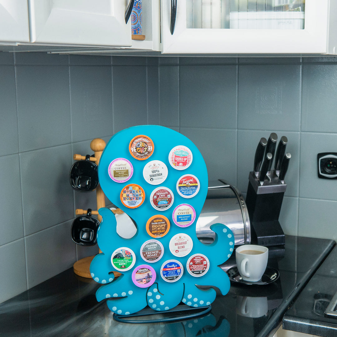 Front Facing "Blue Octopus" - K-Cup Holder Countertop Stand, Metal and Wooden Sculpture - 15pcs
