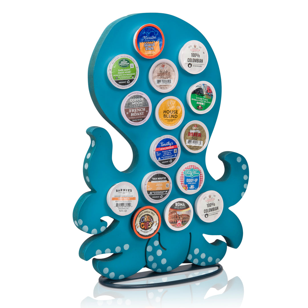 Front Facing "Blue Octopus" - K-Cup Holder Countertop Stand, Metal and Wooden Sculpture - 15pcs
