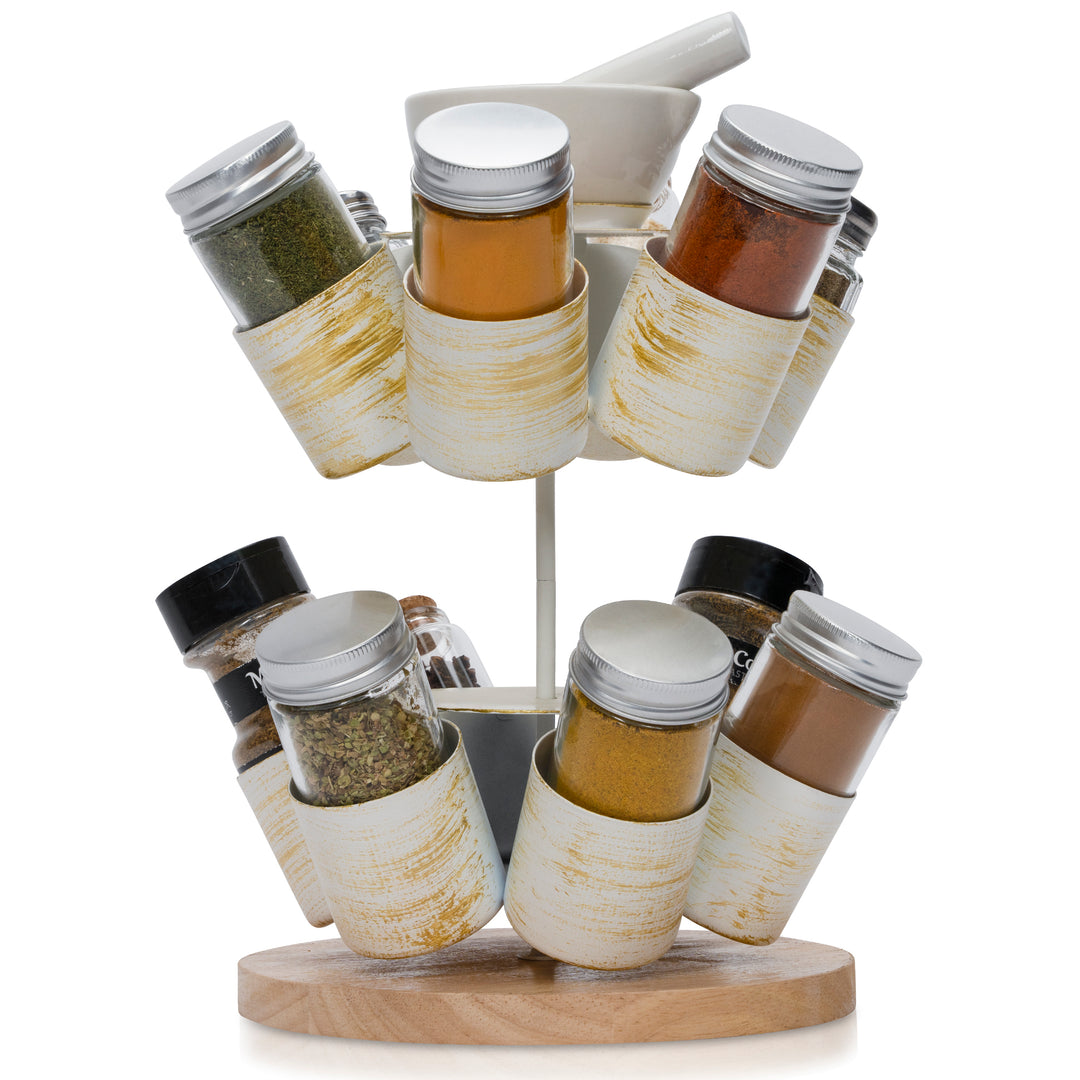 Made Easy Kit Spice and Seasoning Jar Carousel Organizer with Pestle and Mortar