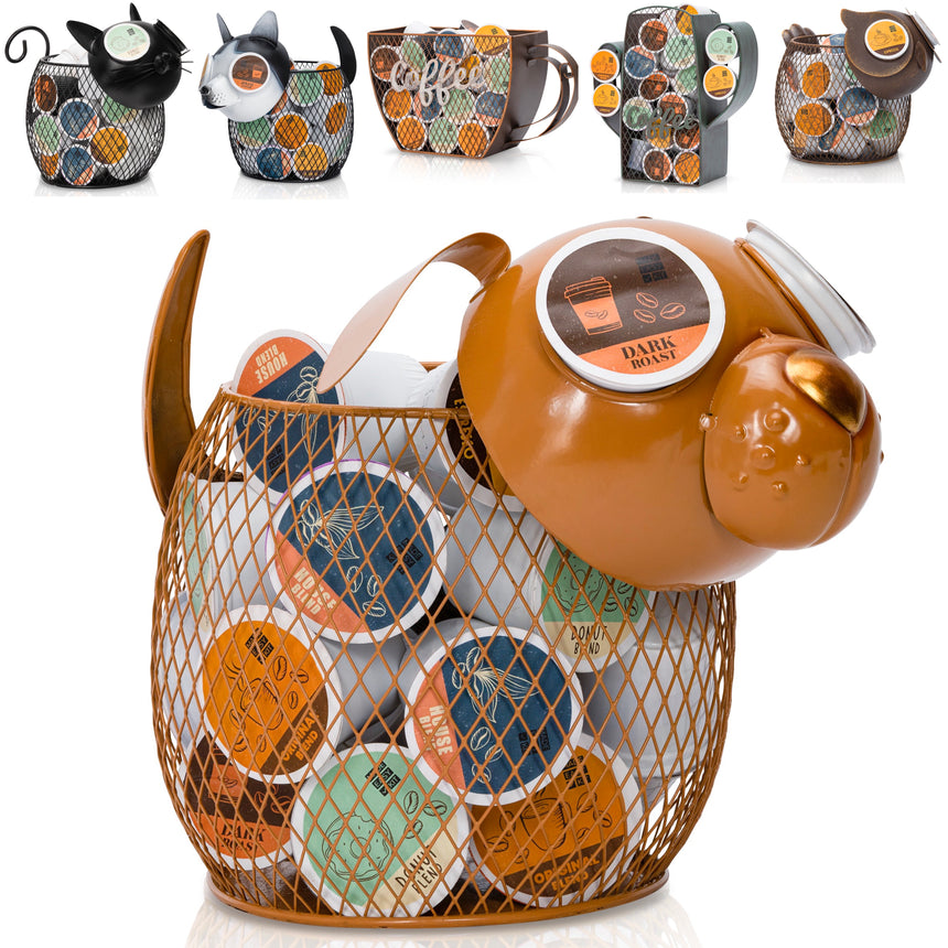 Front Facing "Orange Cat" - K-Cup Holder Countertop Stand, Metal and Wooden Sculpture - 16pcs