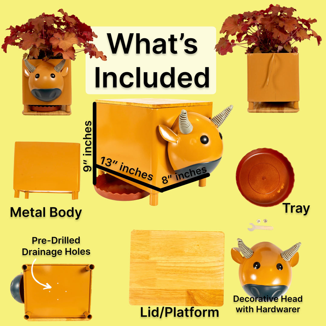 Made Easy Kit Animal Planter Box – Metal Pot with Drainage & Wooden Platform for Indoor/Outdoor Decor