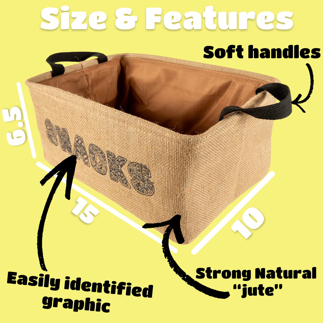 Made Easy Kit Foldable Snack Storage Bin – 15"x10.5"x7" Pantry Organizer with “SNACKS” Design, Metal Frame, Soft Handles – Farmhouse Burlap Basket for Chips, Bars, Treats & More