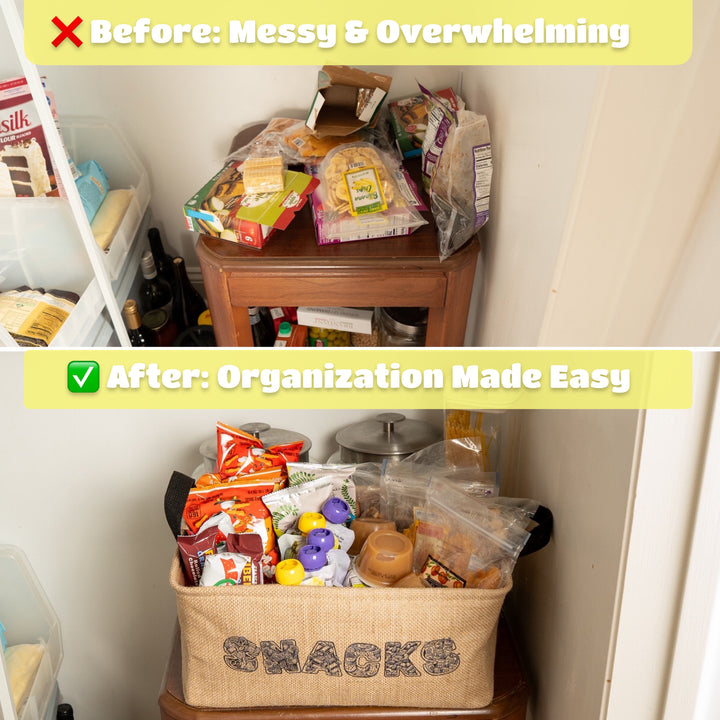 Made Easy Kit Foldable Snack Storage Bin – 15"x10.5"x7" Pantry Organizer with “SNACKS” Design, Metal Frame, Soft Handles – Farmhouse Burlap Basket for Chips, Bars, Treats & More