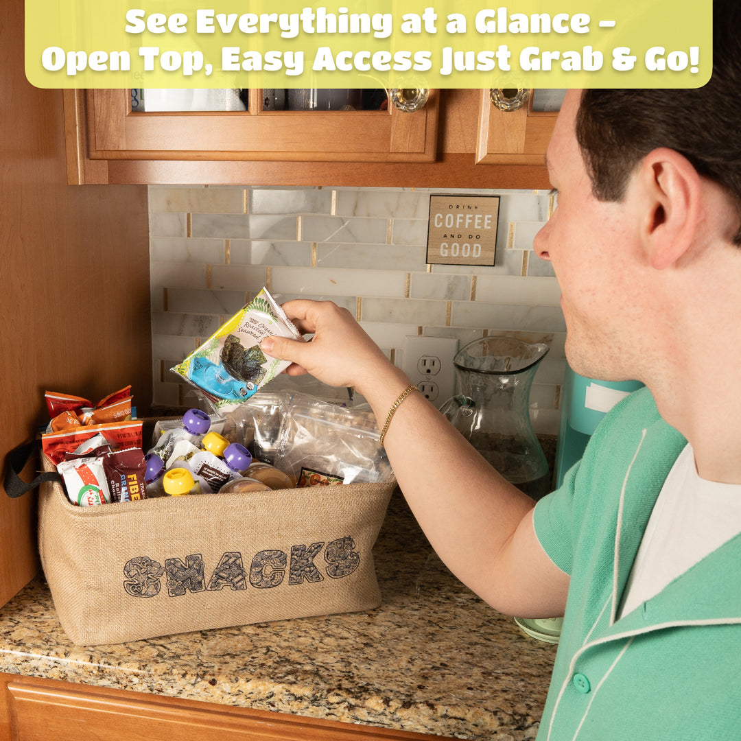 Made Easy Kit Foldable Snack Storage Bin – 15"x10.5"x7" Pantry Organizer with “SNACKS” Design, Metal Frame, Soft Handles – Farmhouse Burlap Basket for Chips, Bars, Treats & More
