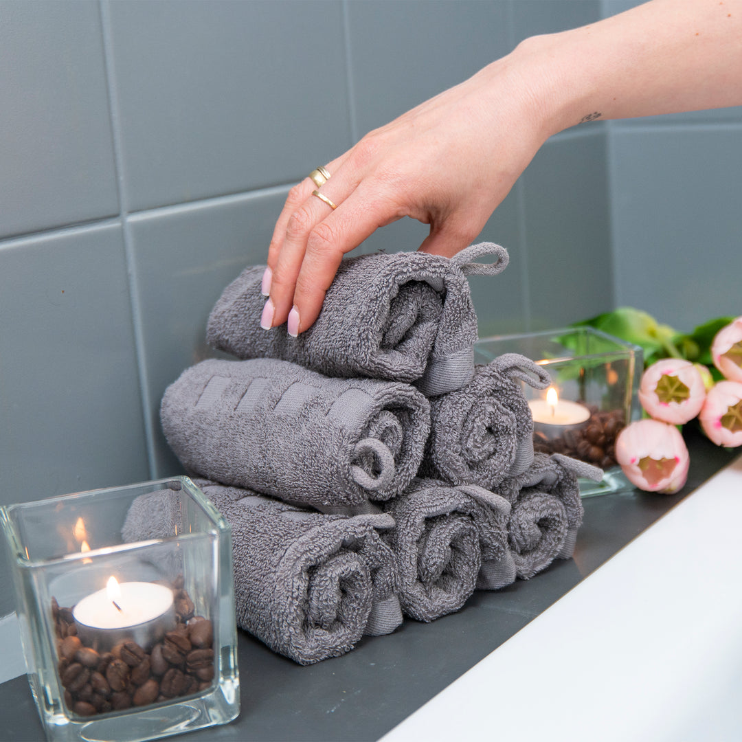 European Style Washcloth with Loop - Bath Mitts, 6-Pack (6" x 9")