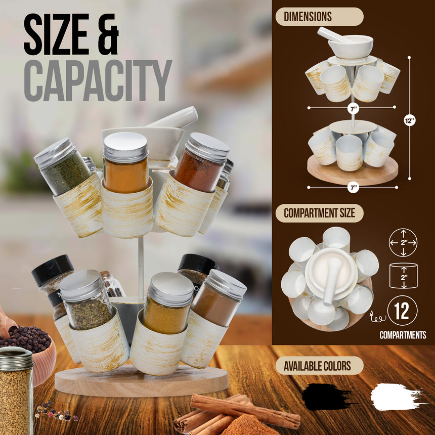 Made Easy Kit Spice and Seasoning Jar Carousel Organizer with Pestle and Mortar (Black)
