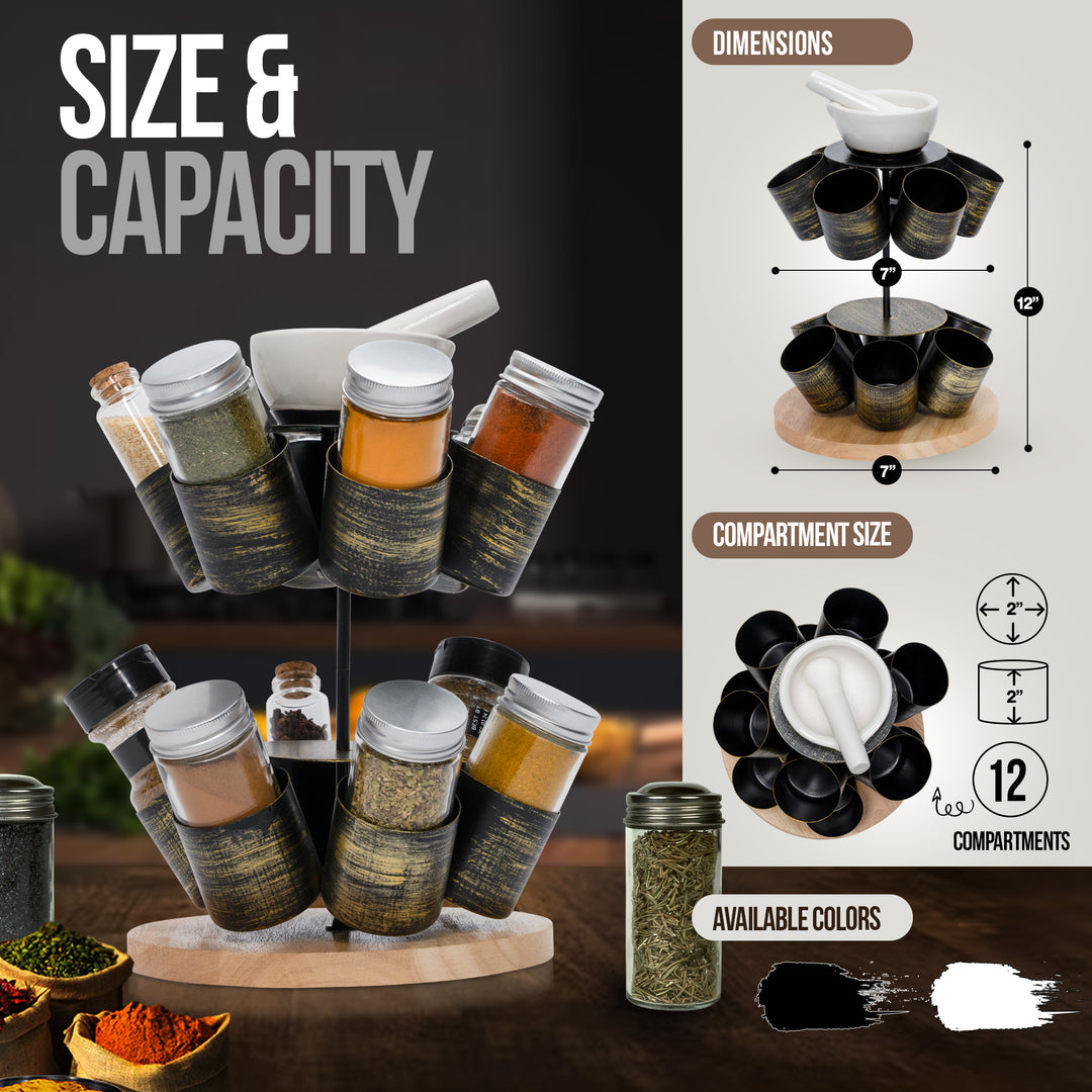 Made Easy Kit Spice and Seasoning Jar Carousel Organizer with Pestle and Mortar