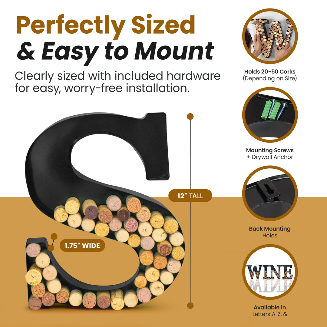 Made Easy Kit Wine Cork Holder Decorative Metal Monogram Letter for Wine Corks - Easy Mount kit Included 7" x 5.5" x 2"