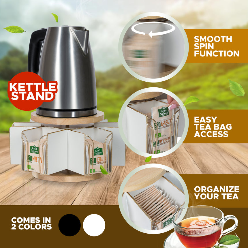 Made Easy Kit Metal Carousel Tea Bag Organizer and Kettle Stand - Modern Storage Solution for Tea Bags - Ideal for Home, Office, Kitchen