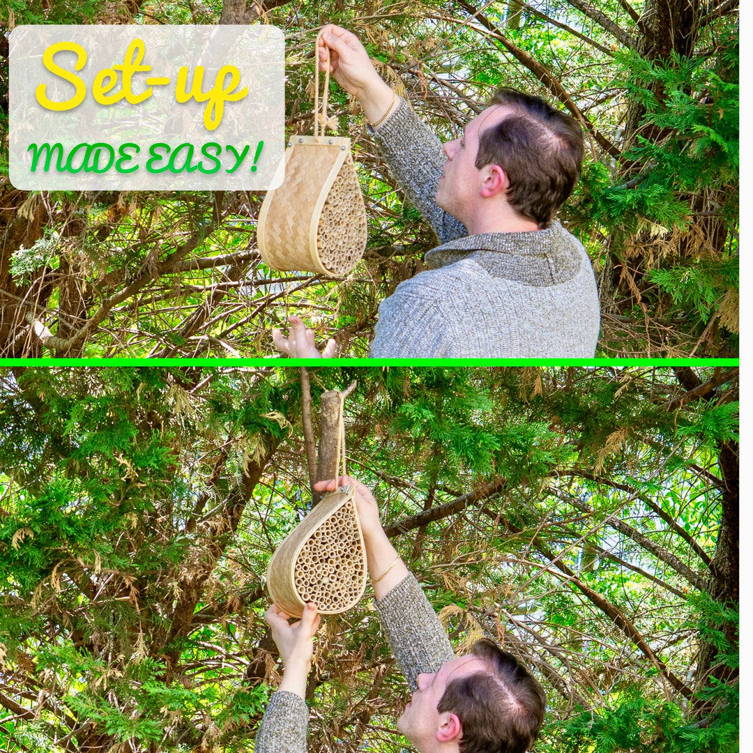 Made Easy Kit Mason Bee House – Attracts Mason & Leafcutter Bees – Natural Bamboo Pollinator Habitat with Jute Rope – Hanging Honey Droplet Bee Hotel for Garden & Backyard – Eco-Friendly Insect Shelter