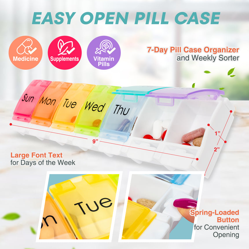Large 7-Day Pill Case - Weekly Medicine Organizer with Spring Loaded Compartments - Easy open design for all levels of hand dexterity