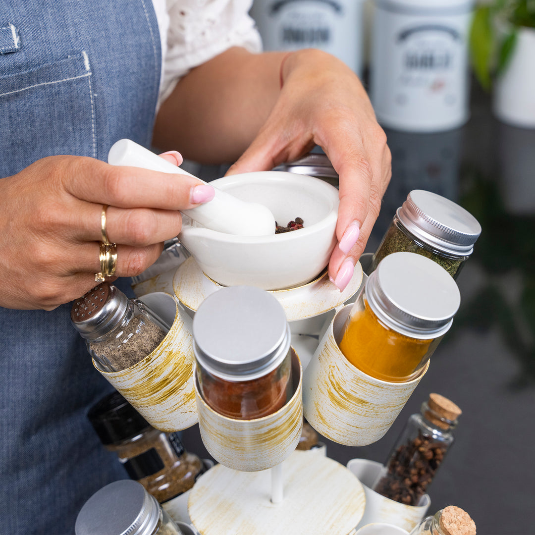 Made Easy Kit Spice and Seasoning Jar Carousel Organizer with Pestle and Mortar