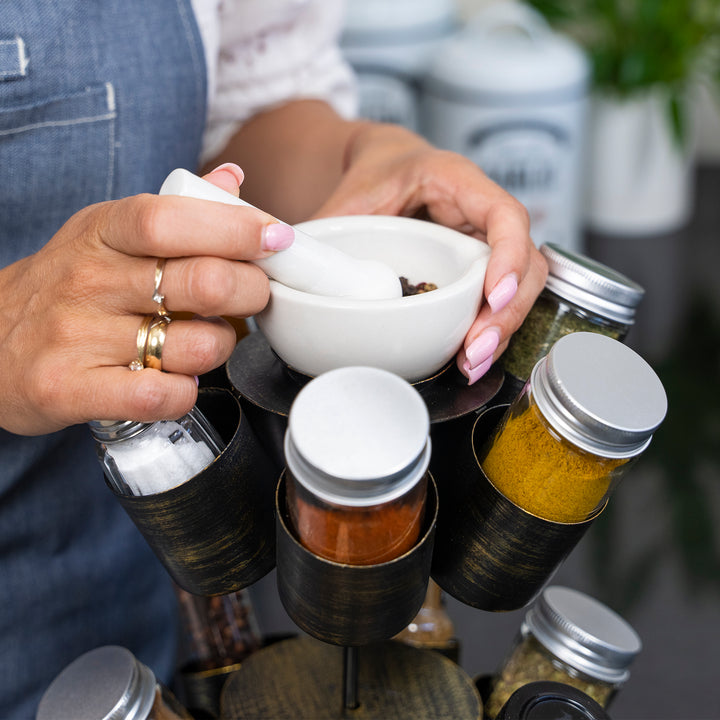 Made Easy Kit Spice and Seasoning Jar Carousel Organizer with Pestle and Mortar