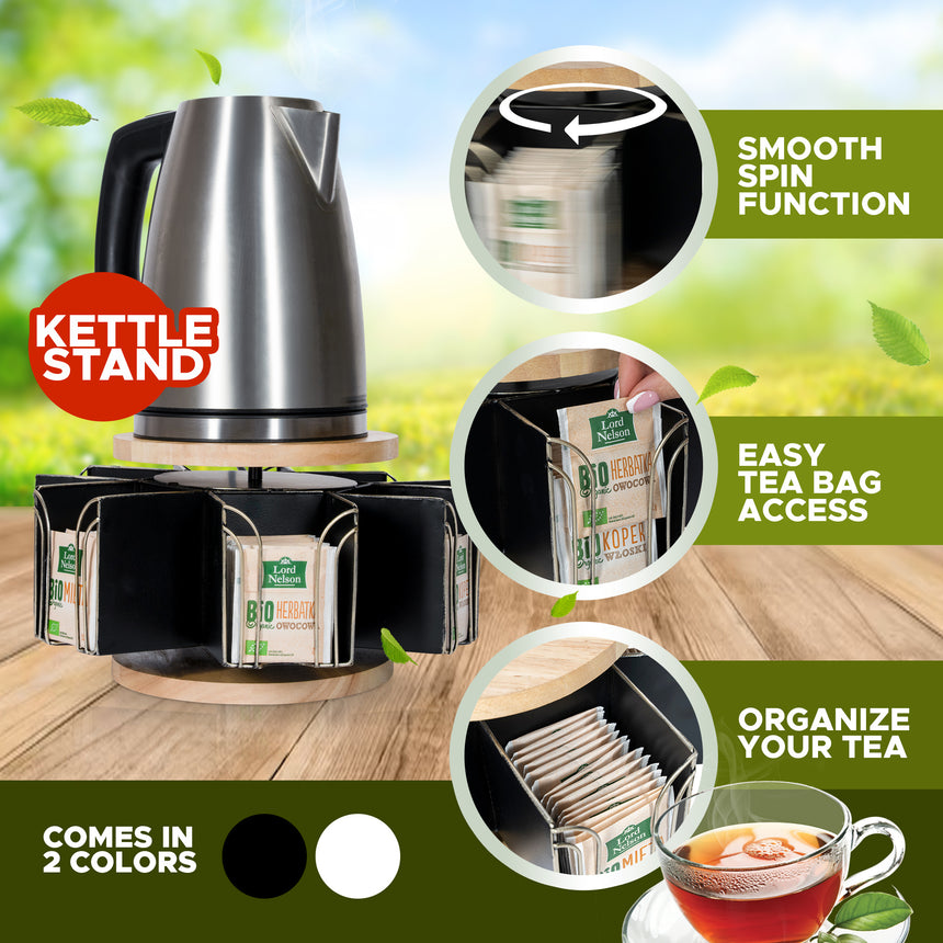 Made Easy Kit Metal Carousel Tea Bag Organizer and Kettle Stand - Modern Storage Solution for Tea Bags - Ideal for Home, Office, Kitchen