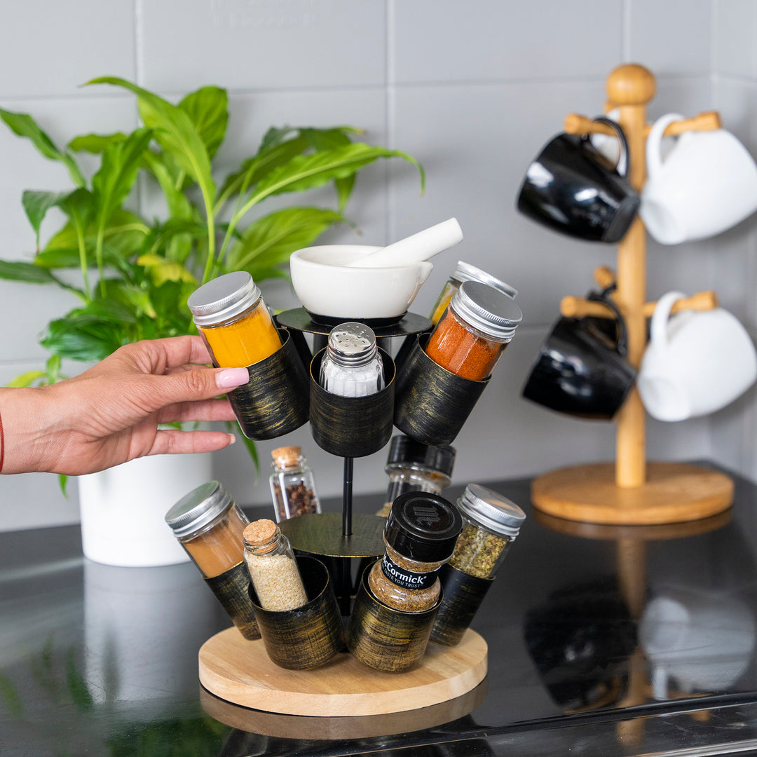Made Easy Kit Spice and Seasoning Jar Carousel Organizer with Pestle and Mortar
