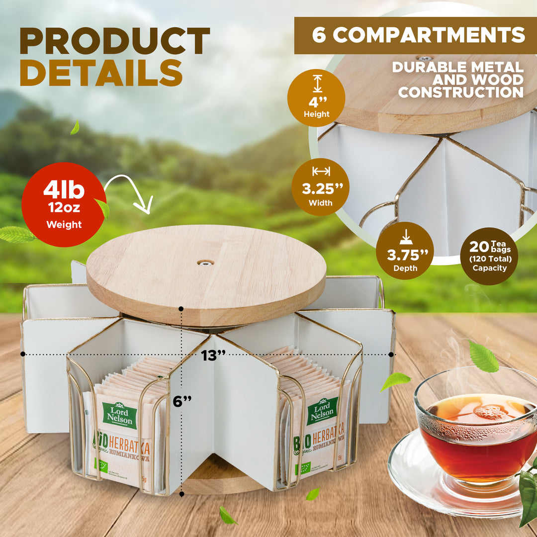 Made Easy Kit Metal Carousel Tea Bag Organizer and Kettle Stand - Modern Storage Solution for Tea Bags - Ideal for Home, Office, Kitchen