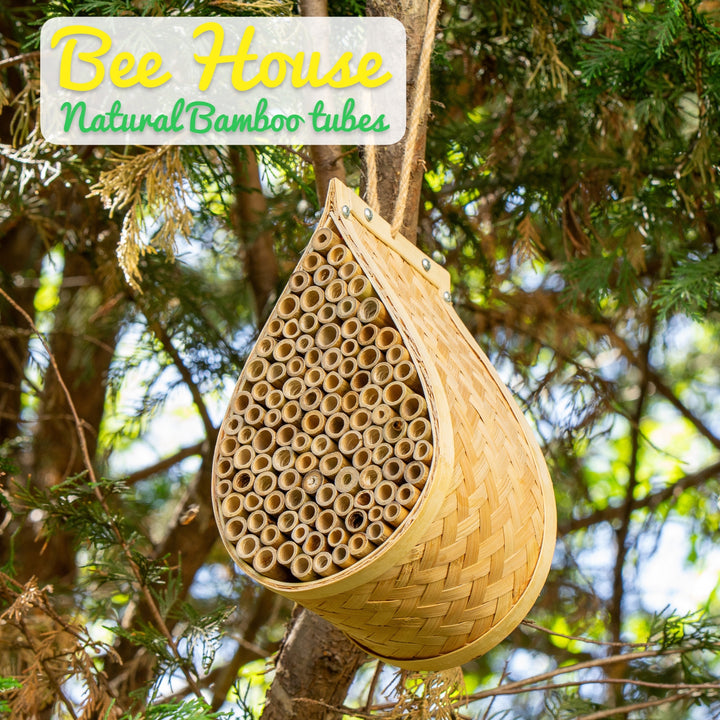 Made Easy Kit Mason Bee House – Attracts Mason & Leafcutter Bees – Natural Bamboo Pollinator Habitat with Jute Rope – Hanging Honey Droplet Bee Hotel for Garden & Backyard – Eco-Friendly Insect Shelter
