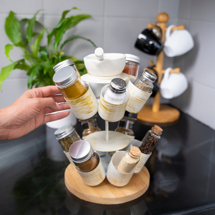 Made Easy Kit Spice and Seasoning Jar Carousel Organizer with Pestle and Mortar