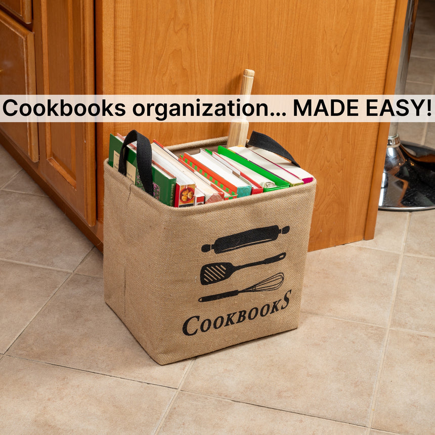 Made Easy Kit Cookbook Organizer & Storage Burlap Bin - Sturdy, Thick, Soft Handles for Easy Use  - Recipe Books, Reading Material Basket Bag Holder for Tabletop, Shelf, Closet, Floor