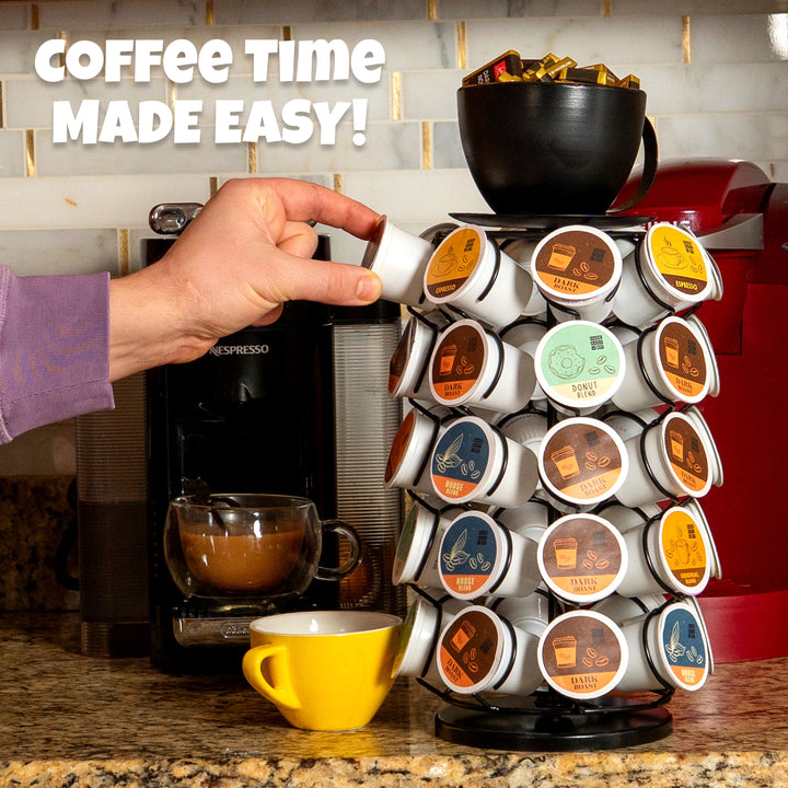 Made Easy Kit Carousel Coffee Pod Holder- Compatible with Keurig K-Pods K-Cups - Countertop 360 Spin Rack Storage Organizer - Metal Pre-Assembled with Lazy Susan Revolving Base - For the Home, Kitchen, and Office - Capsule Café Station Bar