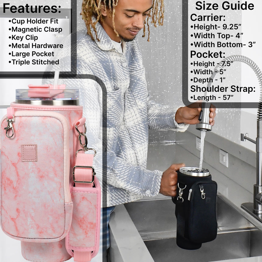 Made Easy Kit Tumbler & Neoprene Pocket Carrier for Water, Iced Tea or Coffee - Stainless Steel Vacuum Insulated Car Cup with Lid, Straw, and Carabiner for Hanging Accessories  -  Bottle Sleeve Pouch with Adjustable Strap