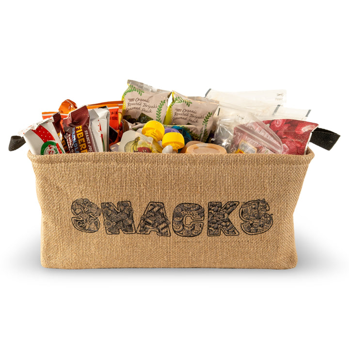 Made Easy Kit Foldable Snack Storage Bin – 15"x10.5"x7" Pantry Organizer with “SNACKS” Design, Metal Frame, Soft Handles – Farmhouse Burlap Basket for Chips, Bars, Treats & More