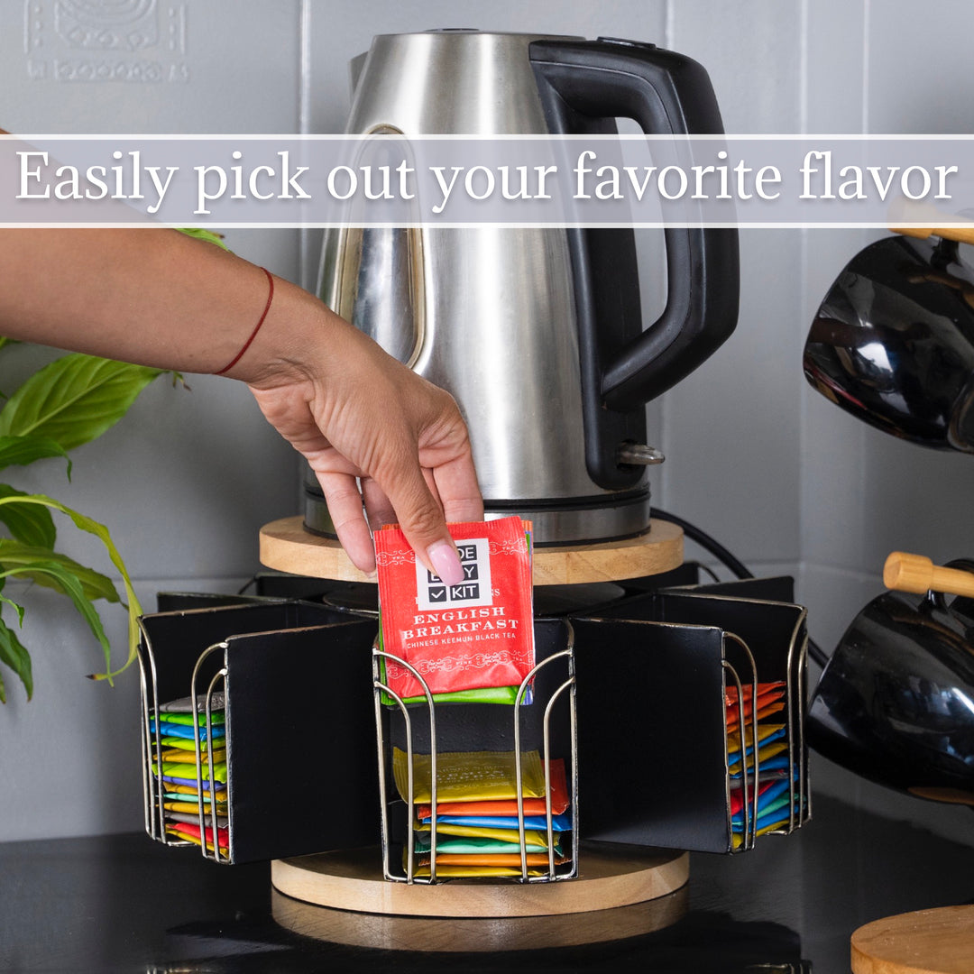 Made Easy Kit Metal Carousel Tea Bag Organizer and Kettle Stand - Modern Storage Solution for Tea Bags - Ideal for Home, Office, Kitchen