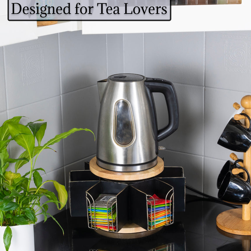 Made Easy Kit Metal Carousel Tea Bag Organizer and Kettle Stand - Modern Storage Solution for Tea Bags - Ideal for Home, Office, Kitchen (White)