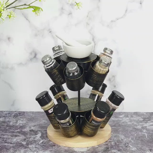 Made Easy Kit Spice and Seasoning Jar Carousel Organizer with Pestle and Mortar