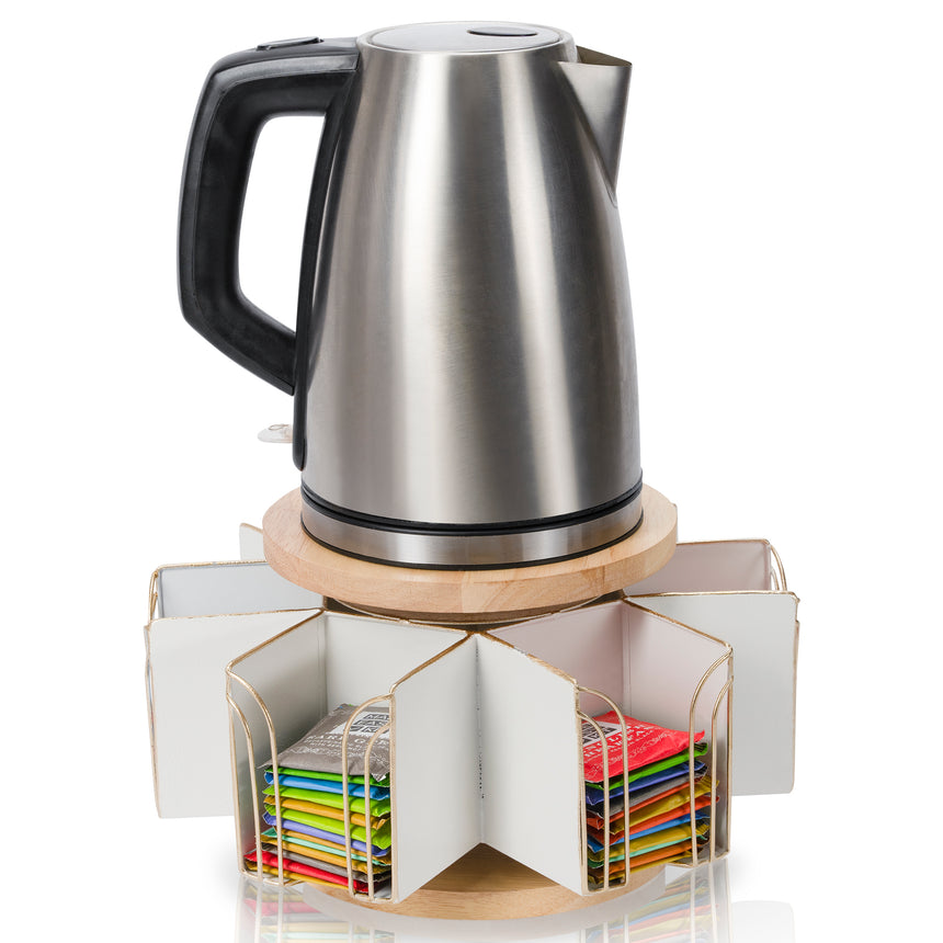 Made Easy Kit Metal Carousel Tea Bag Organizer and Kettle Stand - Modern Storage Solution for Tea Bags - Ideal for Home, Office, Kitchen
