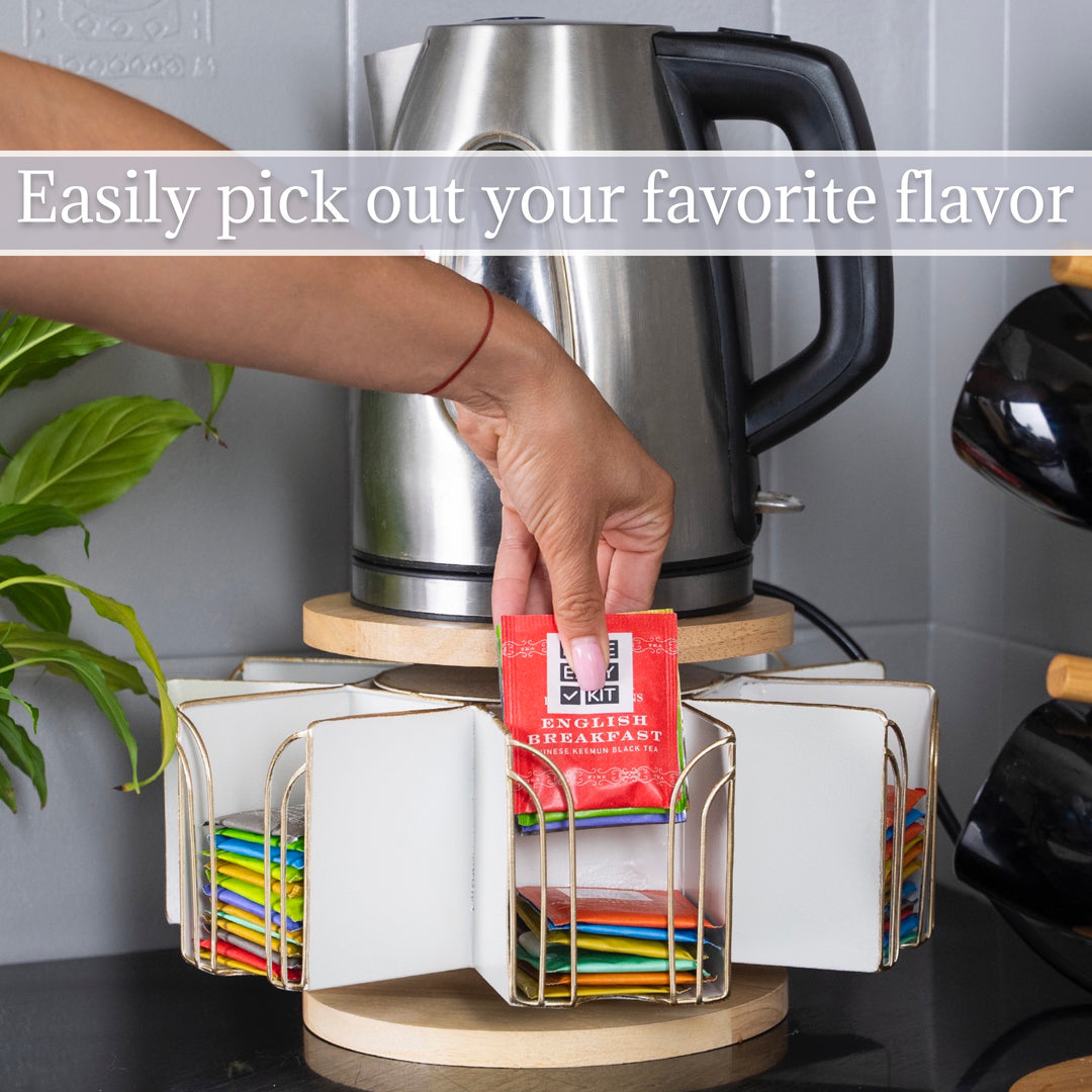 Made Easy Kit Metal Carousel Tea Bag Organizer and Kettle Stand - Modern Storage Solution for Tea Bags - Ideal for Home, Office, Kitchen