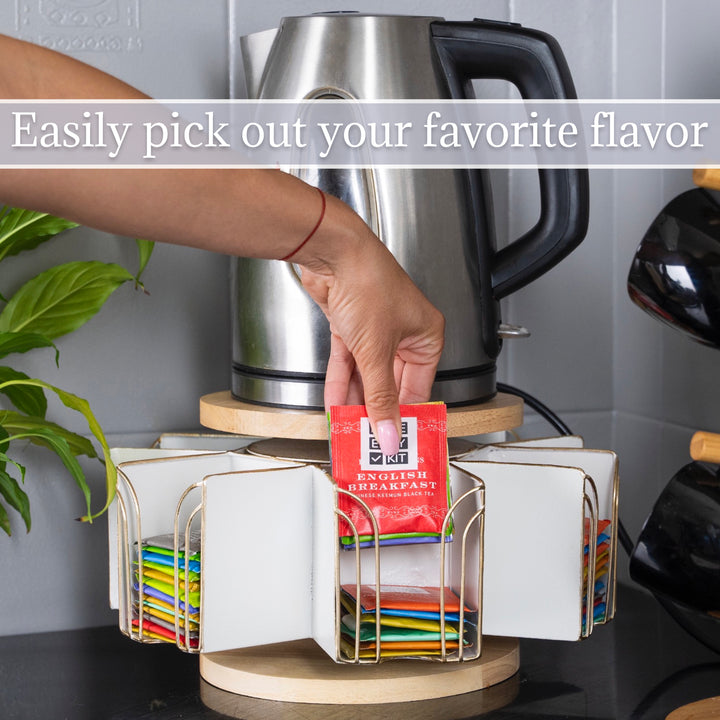 Made Easy Kit Metal Carousel Tea Bag Organizer and Kettle Stand - Modern Storage Solution for Tea Bags - Ideal for Home, Office, Kitchen