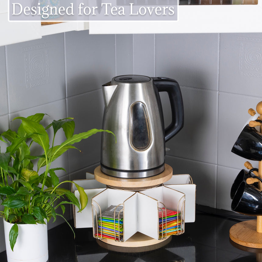 Made Easy Kit Metal Carousel Tea Bag Organizer and Kettle Stand - Modern Storage Solution for Tea Bags - Ideal for Home, Office, Kitchen