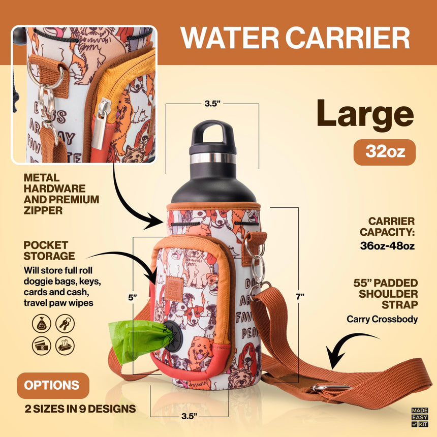 (V1 Model) Water Bottle Carrier with Pet Pocket (32oz Large) - Includes Nalgene Bottle and Portable Pet Bowl