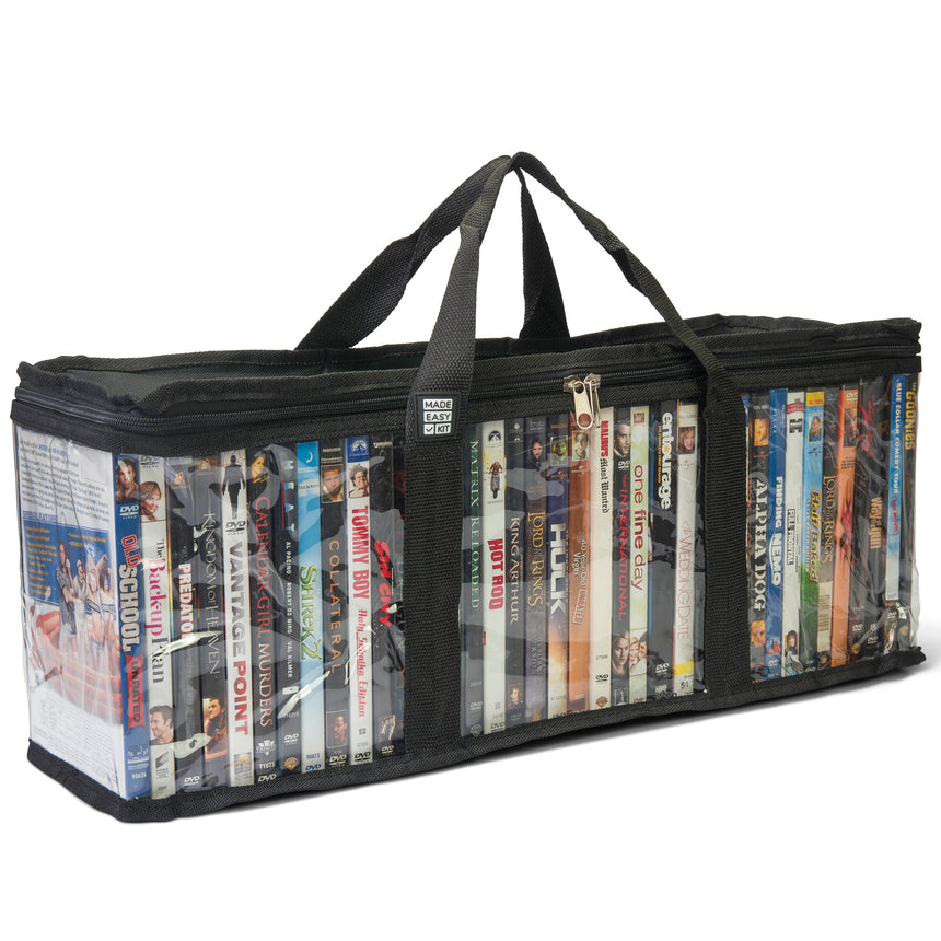 Made Easy Kit DVD Storage Bag Case - Clear PVC Organizer, Triple-Stitched Handles, Dividers - Stackable, Space-Saving, Fits 40 DVDs - Container for