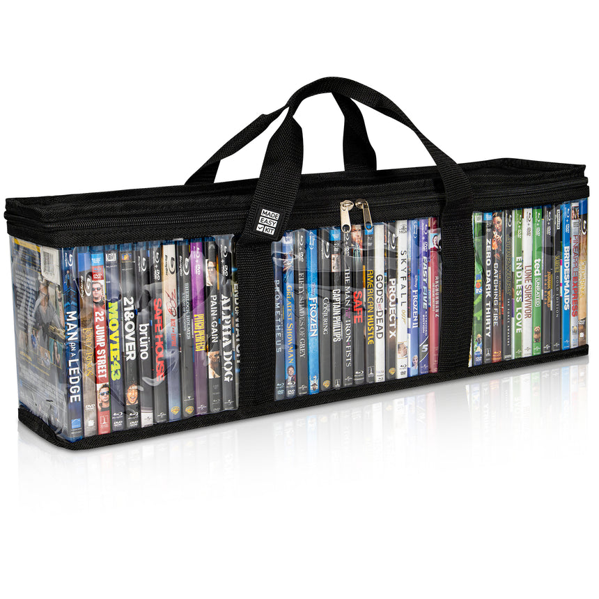Made Easy Kit Blu-ray Media Storage Bag Case - Clear PVC Organizer With Triple-Stitched Handles, Dividers - Stackable, Space-Saving - Fits 42 Standard Cases