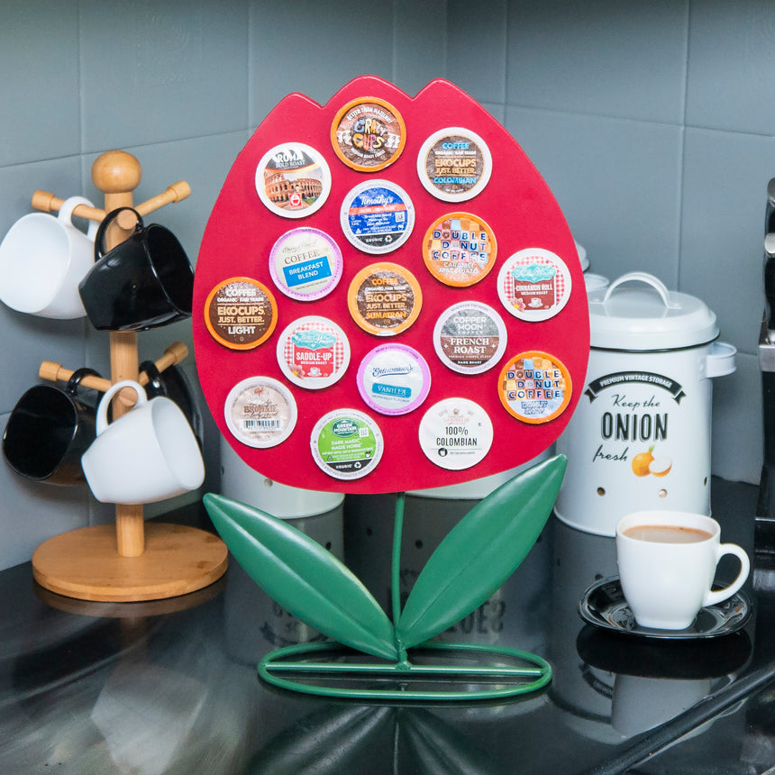Front Facing "Red Tulip" - K-Cup Holder Countertop Stand, Metal and Wooden Sculpture - 16pcs