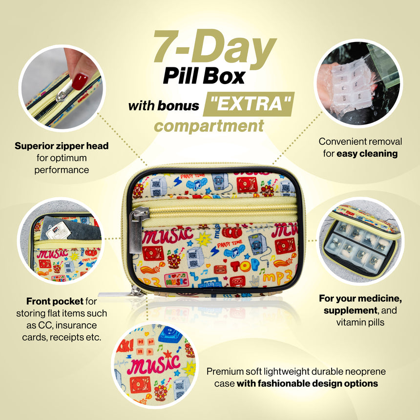 (V1 Model) Made Easy Kit Pill Case - Medicine Organizer Box with Removable Seven-Day Vitamin & Supplement – Compact Travel Ready Dispenser in Pouch Holder with Zippered Pocket