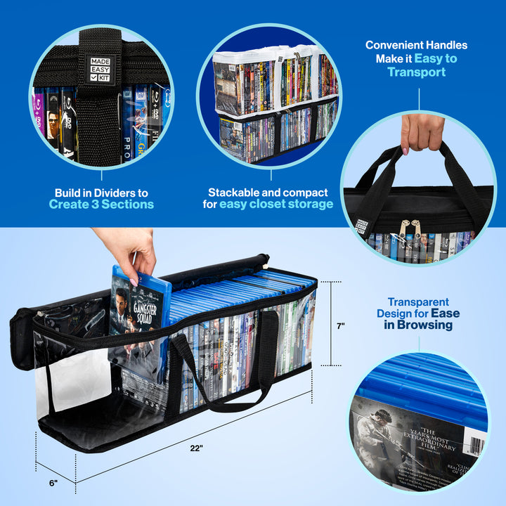 Made Easy Kit Blu-ray Media Storage Bag Case - Clear PVC Organizer With Triple-Stitched Handles, Dividers - Stackable, Space-Saving - Fits 42 Standard Cases