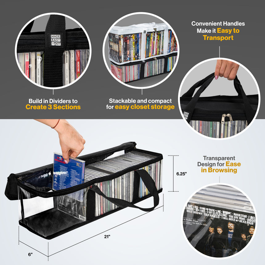 Made Easy Kit CD Media Storage Bag Case - Clear See Though PVC Organizer With Triple-Stitched Handles and Dividers - Stackable, Space-Saving, Fits 50 CDs