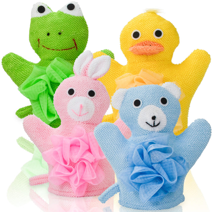 Hand Puppet Wash Mitt with Sponge and Scrunchie Puff Scrub Mesh