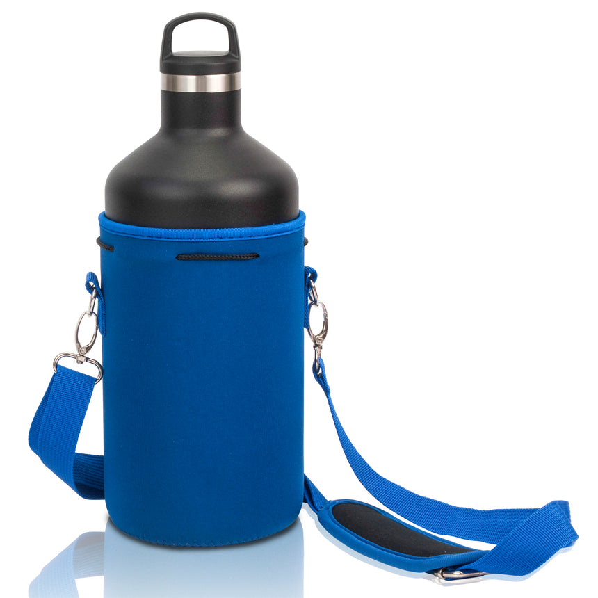 X-Large Water Bottle Carrier Neoprene Holder with Adjustable Padded Shoulder Strap - 64oz, Height 8" Diameter 4.5" Strap 55"