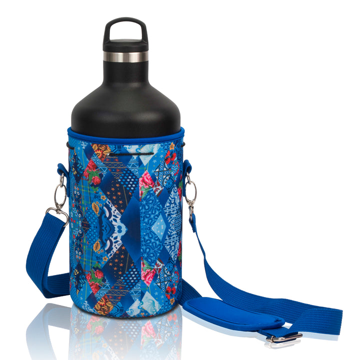 X-Large Water Bottle Carrier Neoprene Holder with Adjustable Padded Shoulder Strap - 64oz, Height 8" Diameter 4.5" Strap 55"