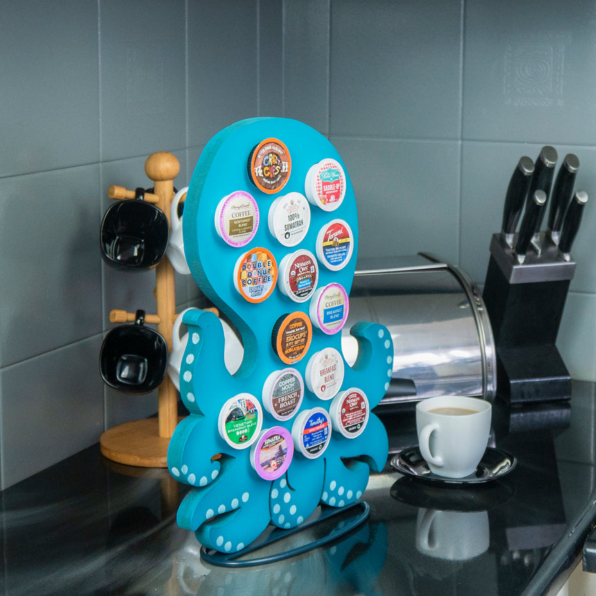 Front Facing "Blue Octopus" - K-Cup Holder Countertop Stand, Metal and Wooden Sculpture - 15pcs