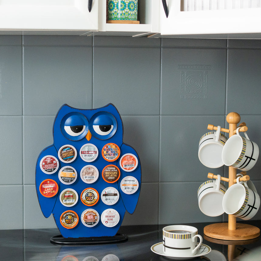 Front Facing "Blue Owl" - K-Cup Holder Countertop Stand, Metal and Wooden Sculpture - 16pcs