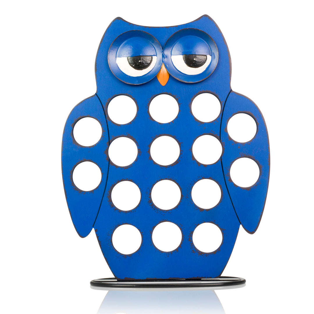 Front Facing "Blue Owl" - K-Cup Holder Countertop Stand, Metal and Wooden Sculpture - 16pcs