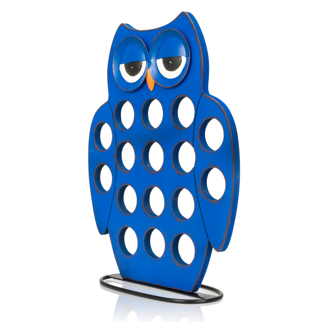 Front Facing "Blue Owl" - K-Cup Holder Countertop Stand, Metal and Wooden Sculpture - 16pcs