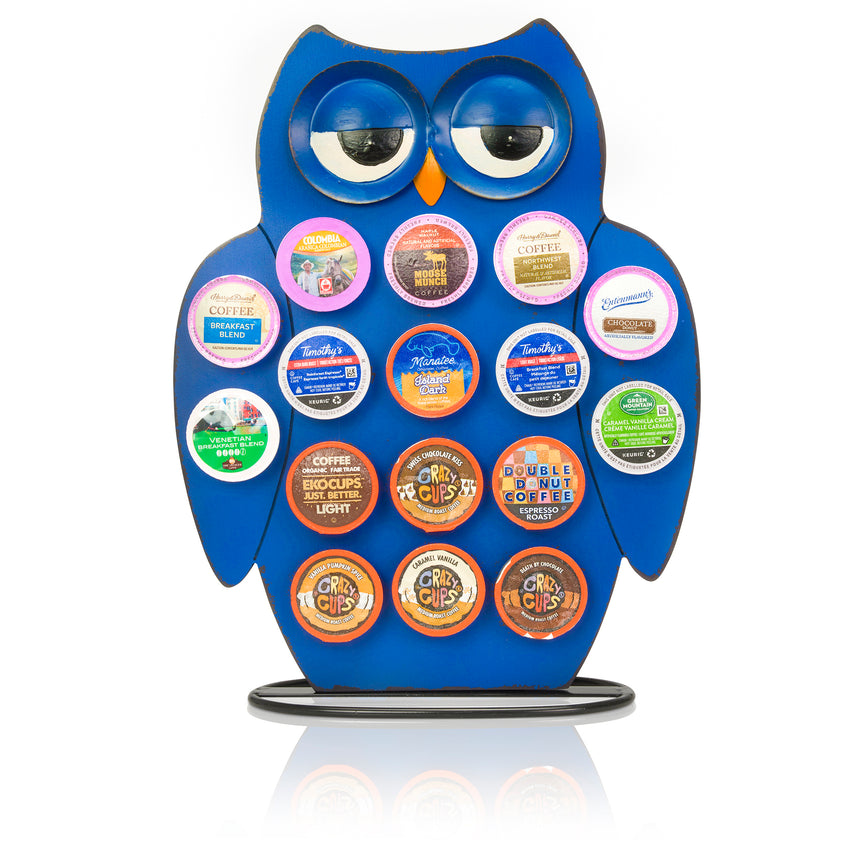 Front Facing "Blue Owl" - K-Cup Holder Countertop Stand, Metal and Wooden Sculpture - 16pcs