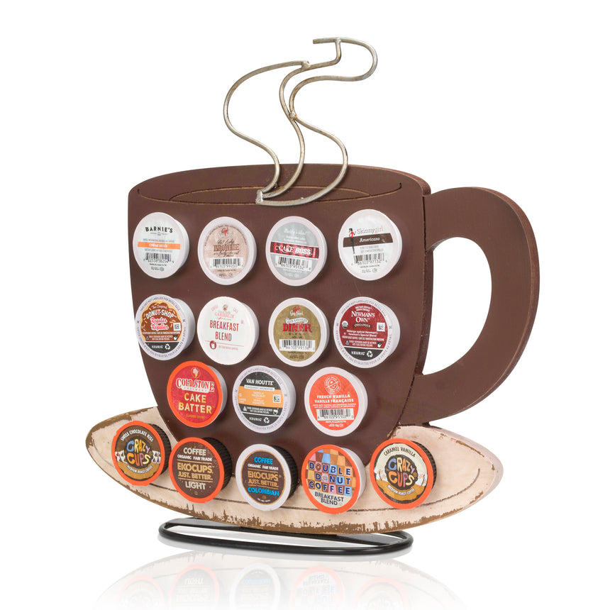 Front Facing "Brown Coffee Cup" - K-Cup Holder Countertop Stand, Metal and Wooden Sculpture - 16pcs